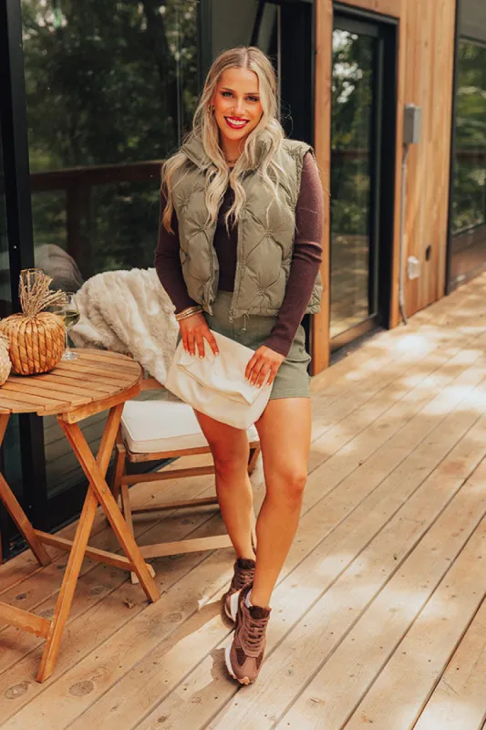 Mountain Top Morning Puffer Vest in Olive sold by Impressions