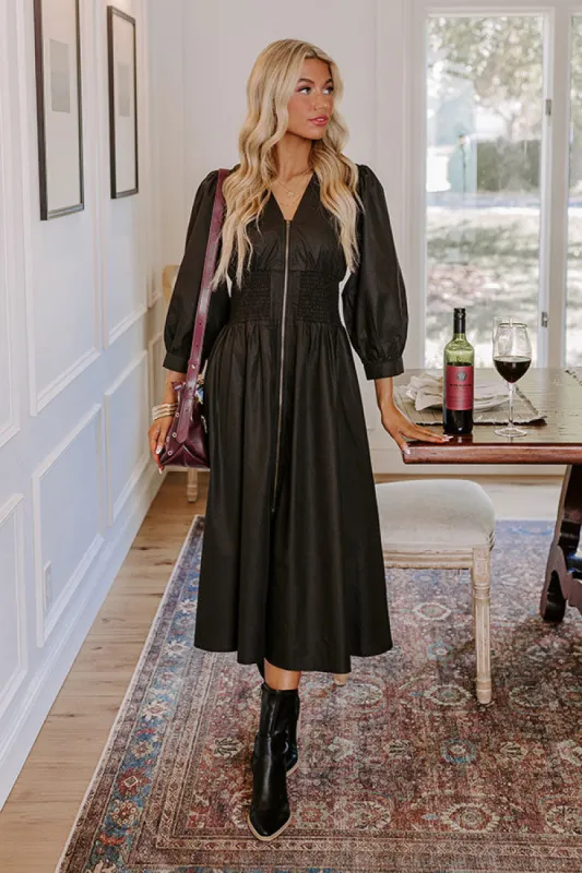 Kind Glance Smocked Midi in Black sold by Impressions