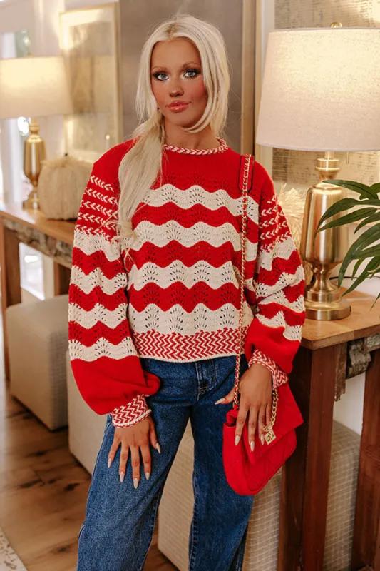 Hot Cocoa Crushing Pointelle Knit Sweater in Red sold by Impressions