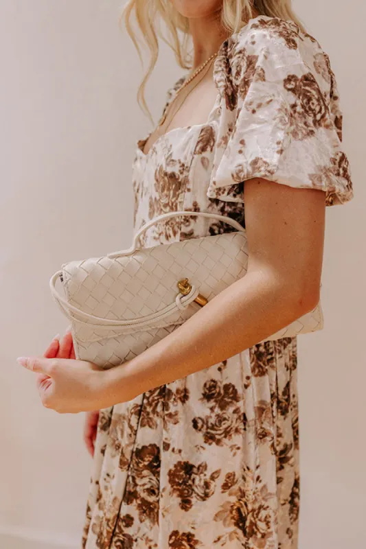 Exclusive Party Faux Leather Woven Purse in Light Oatmeal sold by Impressions