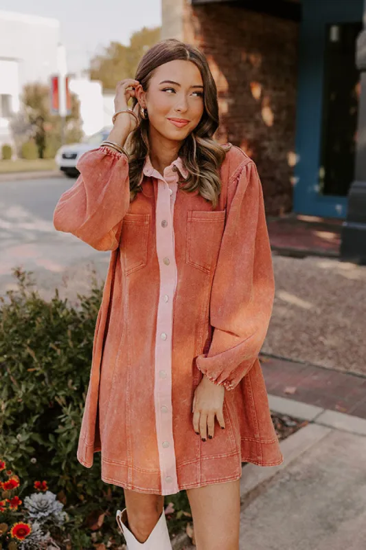 Afternoon Date Denim Mini Dress in Light Rust sold by Impressions