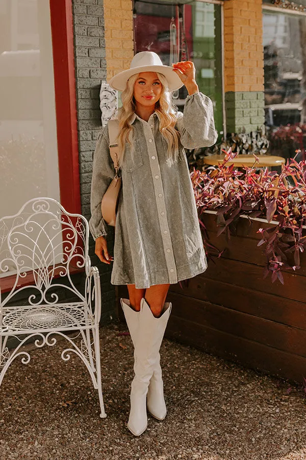 Afternoon Date Denim Mini Dress in Sage sold by Impressions