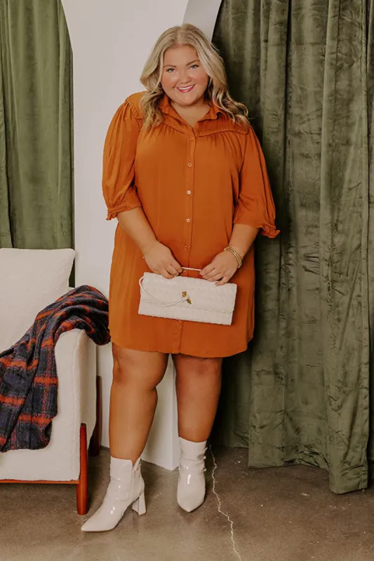 Falling Leaves Button Down Mini Dress in Pumpkin Curves sold by Impressions