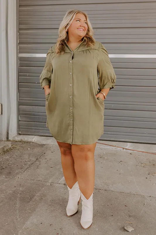 Falling Leaves Button Down Mini Dress in Olive Curves sold by Impressions