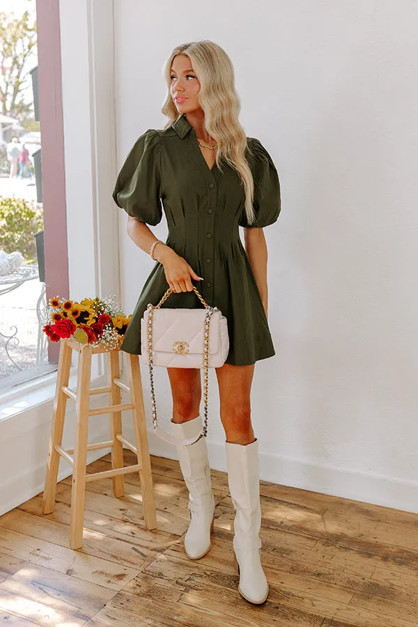Exceptionally Chic Button Down Mini Dress in Olive sold by Impressions