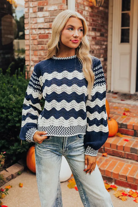 Hot Cocoa Crushing Pointelle Knit Sweater in Navy sold by Impressions