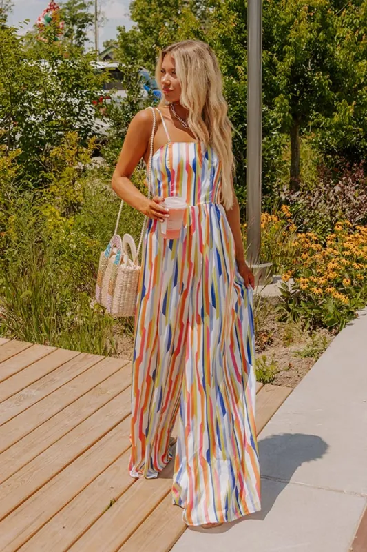 Vacay Bound Satin Stripe Jumpsuit in Blue sold by Impressions