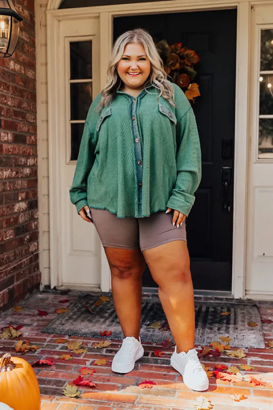Campfire Stories Waffle Knit Button Up in Green Curves sold by Impressions