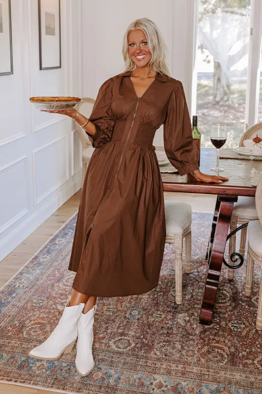 Kind Glance Smocked Midi in Chocolate sold by Impressions