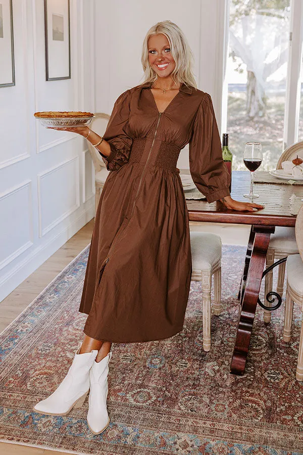 Kind Glance Smocked Midi in Chocolate sold by Impressions