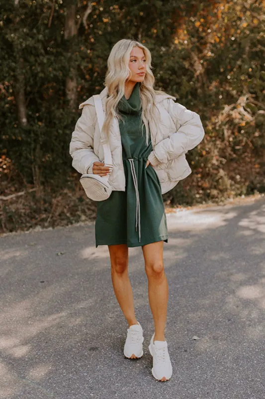 Coffee Shop Cutie Drawstring Mini Dress in Hunter Green sold by Impressions