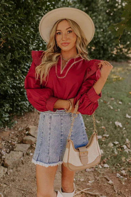 Chic Moment Ruffle Top in Crimson sold by Impressions