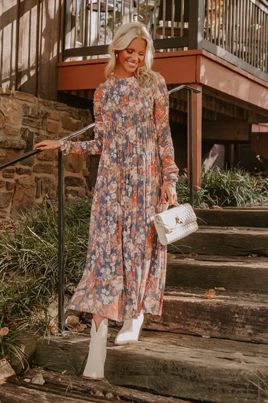 Vineyard Cutie Asymmetrical Floral Mesh Midi in Blue sold by Impressions