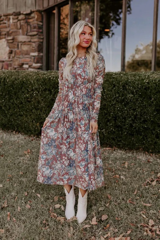 Vineyard Cutie Asymmetrical Floral Mesh Midi in Mocha sold by Impressions