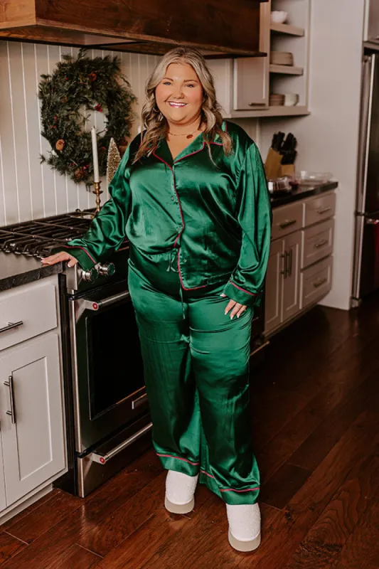 Feeling Luxurious Satin Pajama Pants in Hunter Green Curves sold by Impressions