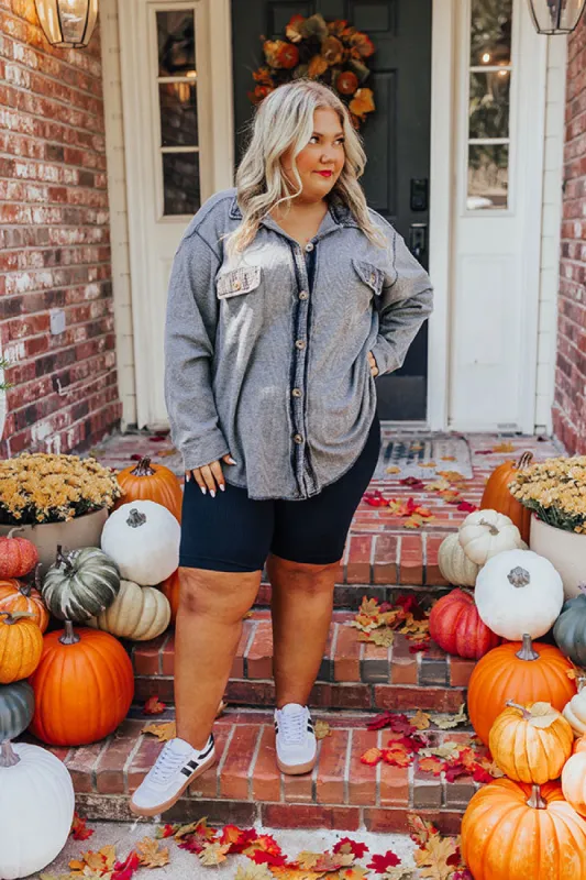 Campfire Stories Waffle Knit Button Up in Grey Curves sold by Impressions