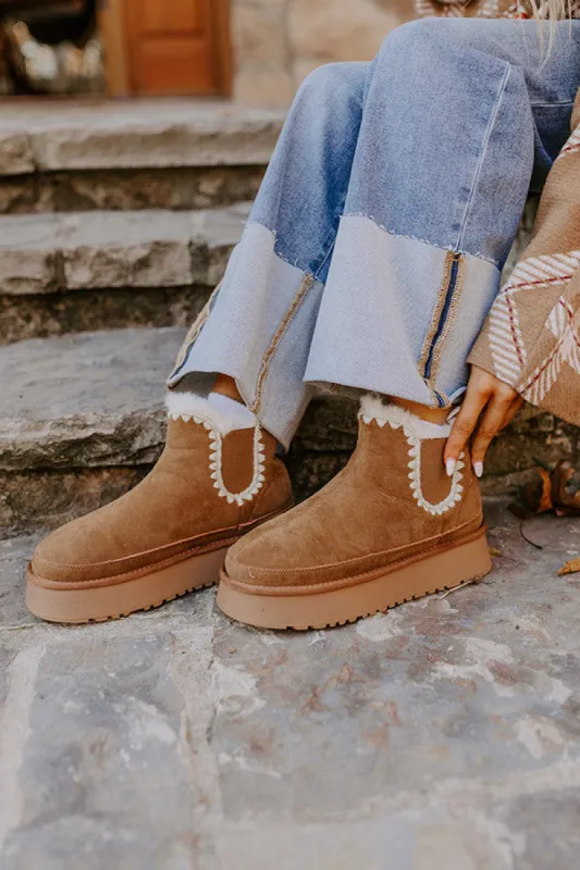 The Phoebe Faux Suede Platform Bootie in Tan sold by Impressions