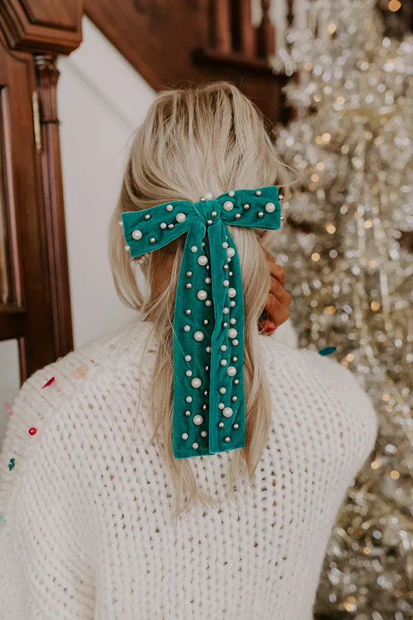 Spotlight Darling Pearl Embellished Bow Hair Clip in Teal sold by Impressions