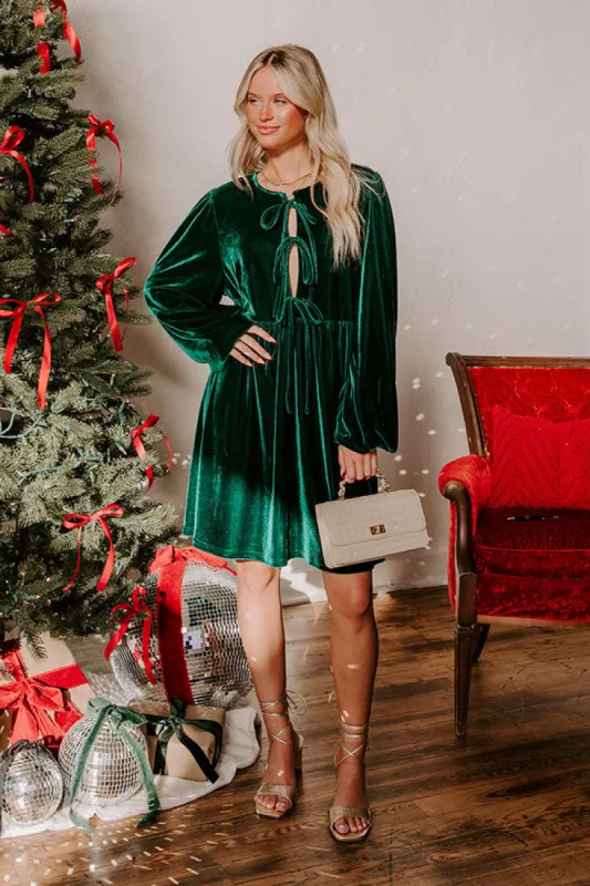 Chic Lifestyle Front Tie Velvet Mini Dress in Hunter Green sold by Impressions
