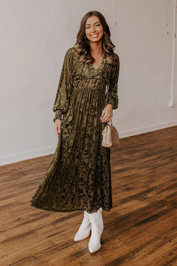 Everlasting Dreams Velvet Burnout Maxi Dress in Olive sold by Impressions