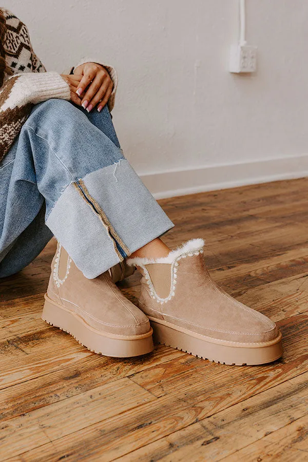 The Phoebe Faux Suede Platform Bootie in Warm Taupe sold by Impressions