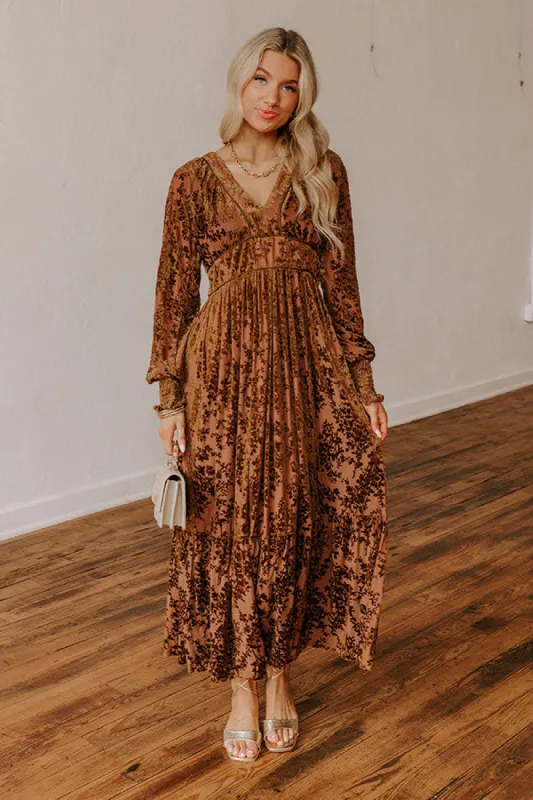 Everlasting Dreams Velvet Burnout Maxi Dress in Chocolate sold by Impressions