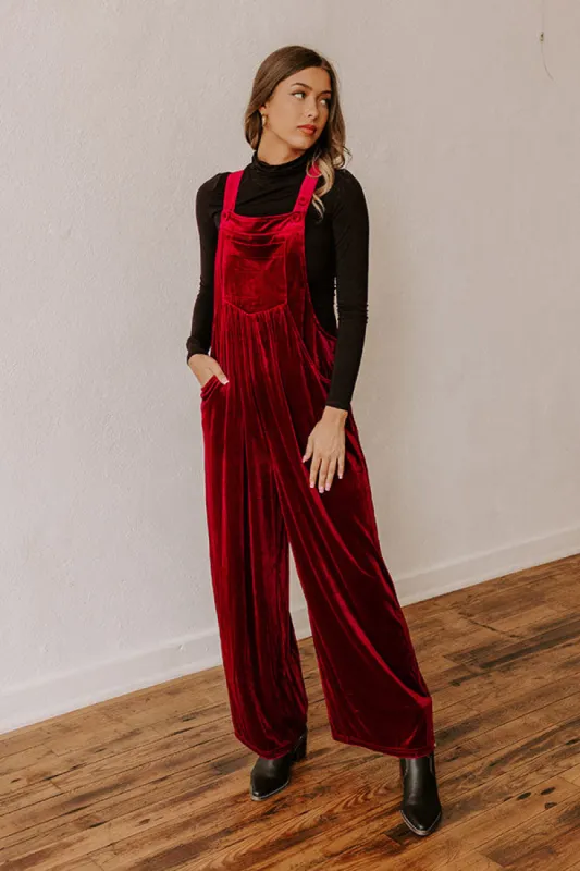 Holiday Cheer Velvet Jumpsuit in Wine sold by Impressions