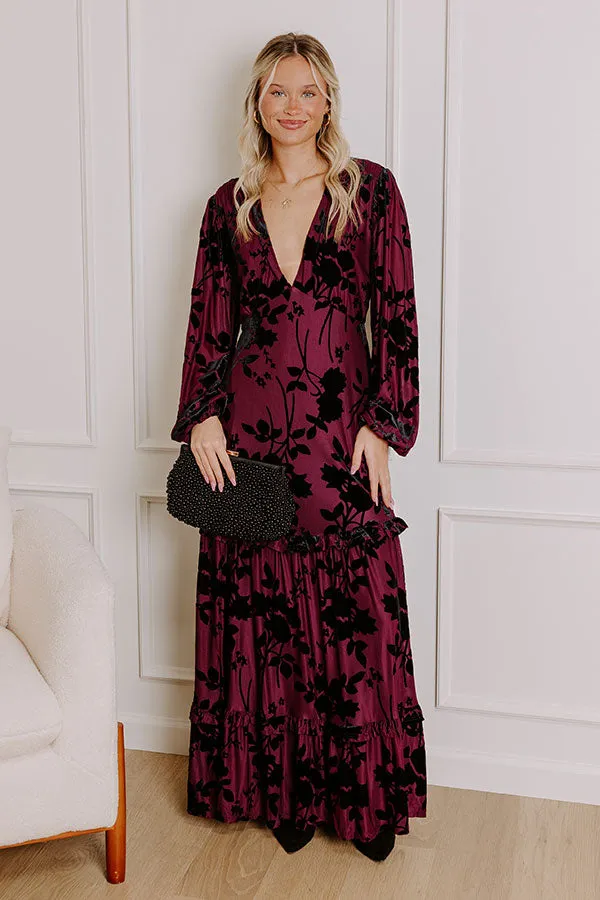 Moonlit Rendezvous Velvet Burnout Maxi Dress in Windsor Wine sold by Impressions