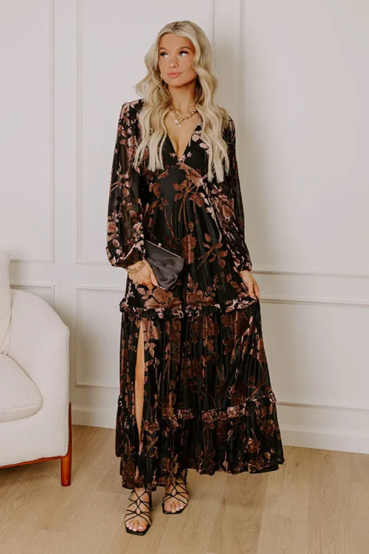 Moonlit Rendezvous Velvet Burnout Maxi Dress in Black sold by Impressions