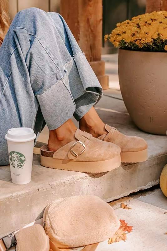 The Payton Faux Suede Platform Clogs in Iced Latte sold by Impressions