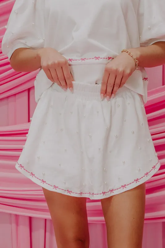 Bows And Kisses Pearl Embellished High Waist Skort in White sold by Impressions