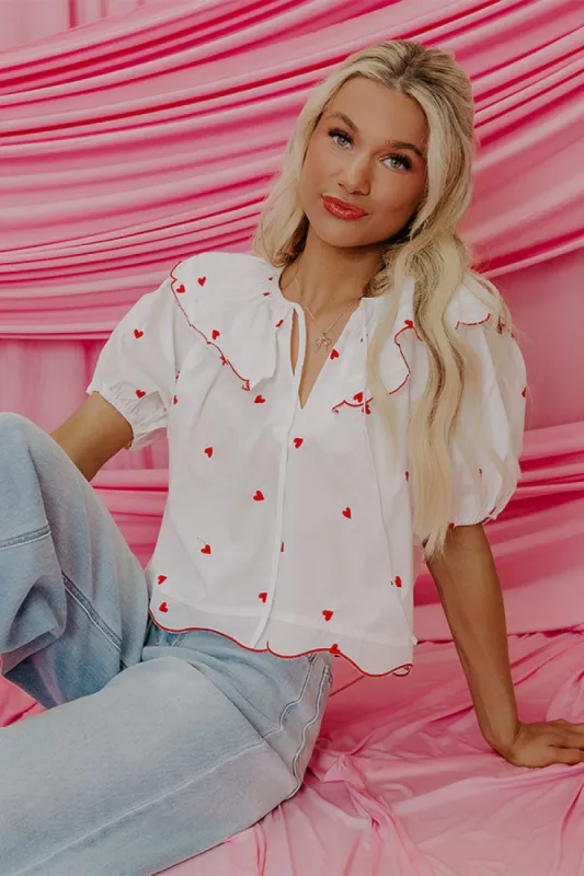 Candy Hearts Embroidered Top in White sold by Impressions