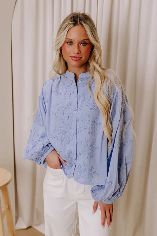 Lost In Love Embroidered Button Up in Sky Blue sold by Impressions