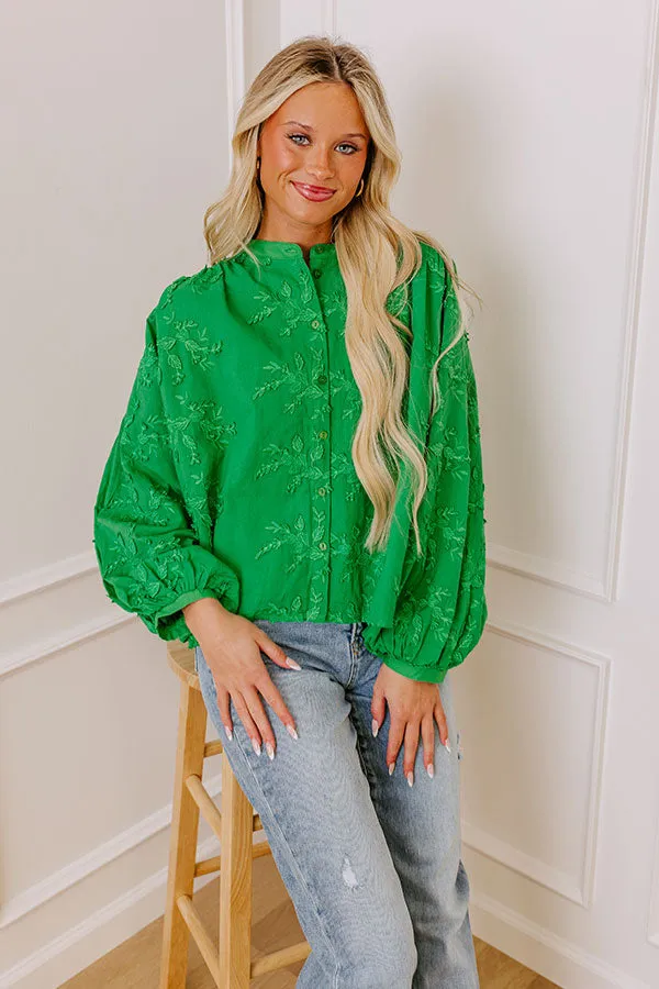 Lost In Love Embroidered Button Up in Kelly Green sold by Impressions