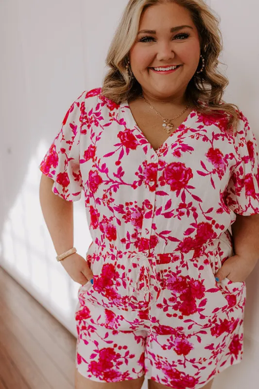 Life In Full Bloom Floral Romper in Hot Pink Curves sold by Impressions