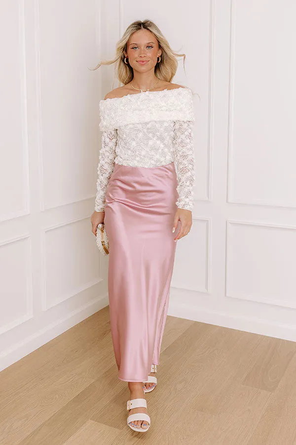 The Tiffany High Waist Satin Midi Skirt in Pink sold by Impressions