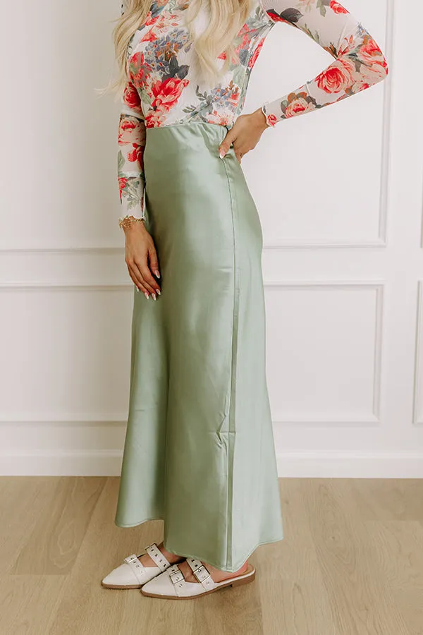 The Tiffany High Waist Satin Midi Skirt in Sage sold by Impressions product image thumbnail 4