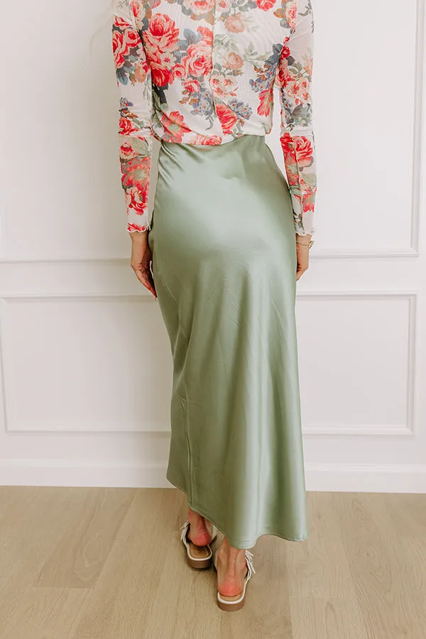 The Tiffany High Waist Satin Midi Skirt in Sage sold by Impressions product image thumbnail 5