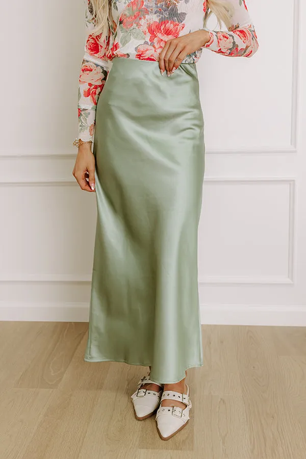 The Tiffany High Waist Satin Midi Skirt in Sage sold by Impressions product image thumbnail 3