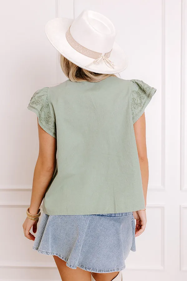 Farmers Market Cutie Embroidered Chambray Top in Sage sold by Impressions product image thumbnail 5
