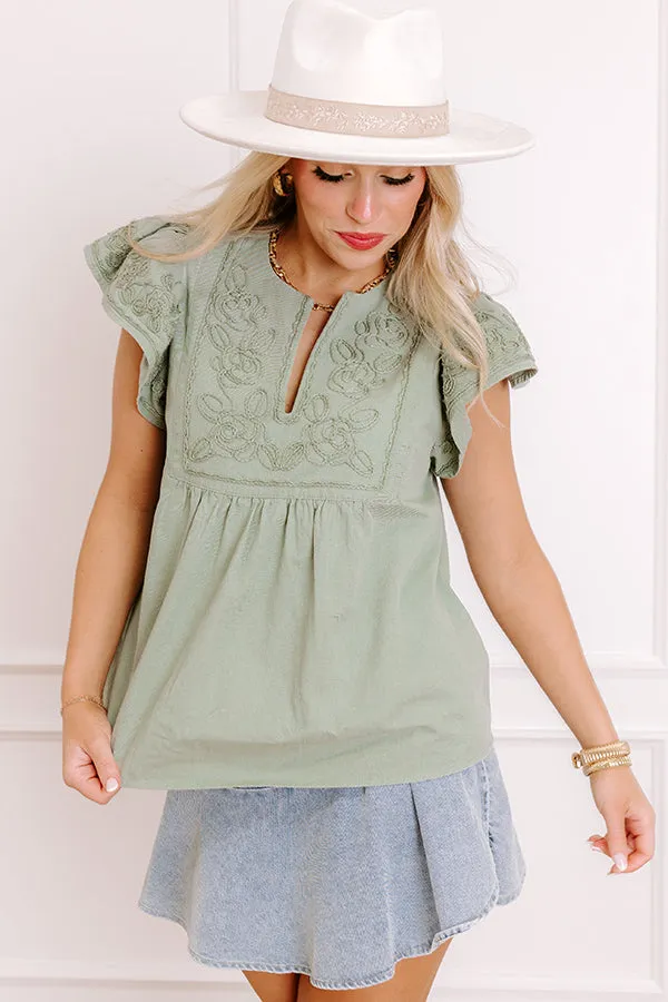 Farmers Market Cutie Embroidered Chambray Top in Sage sold by Impressions product image thumbnail 2