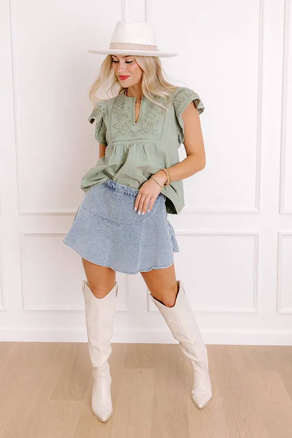 Farmers Market Cutie Embroidered Chambray Top in Sage sold by Impressions