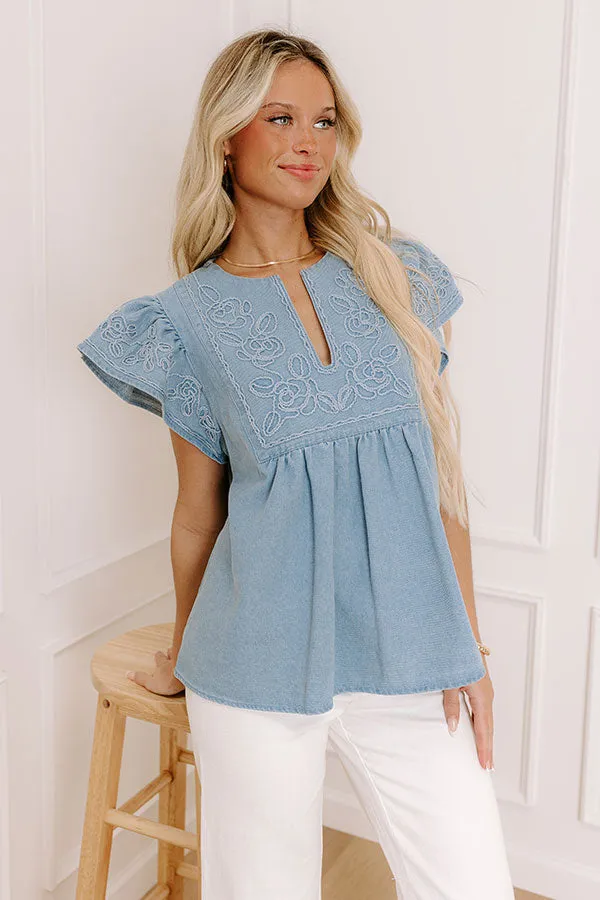 Farmers Market Cutie Embroidered Chambray Top in Light Wash sold by Impressions