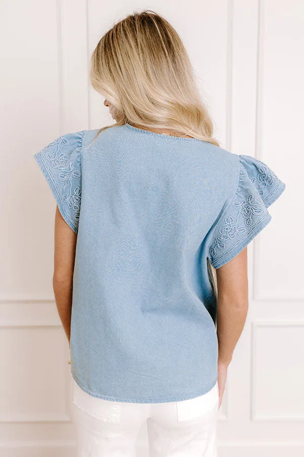 Farmers Market Cutie Embroidered Chambray Top in Light Wash sold by Impressions product image thumbnail 5
