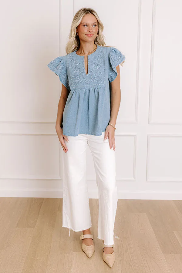 Farmers Market Cutie Embroidered Chambray Top in Light Wash sold by Impressions product image thumbnail 2