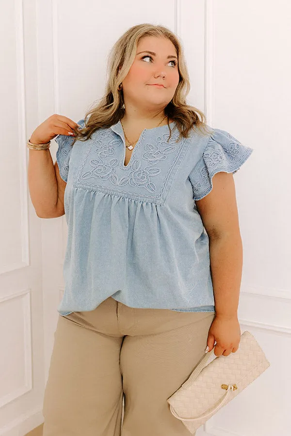 Farmers Market Cutie Embroidered Chambray Top in Light Wash Curves sold by Impressions product image thumbnail 3