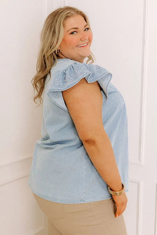 Farmers Market Cutie Embroidered Chambray Top in Light Wash Curves sold by Impressions product image thumbnail 4