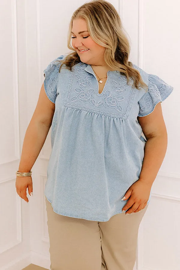 Farmers Market Cutie Embroidered Chambray Top in Light Wash Curves sold by Impressions