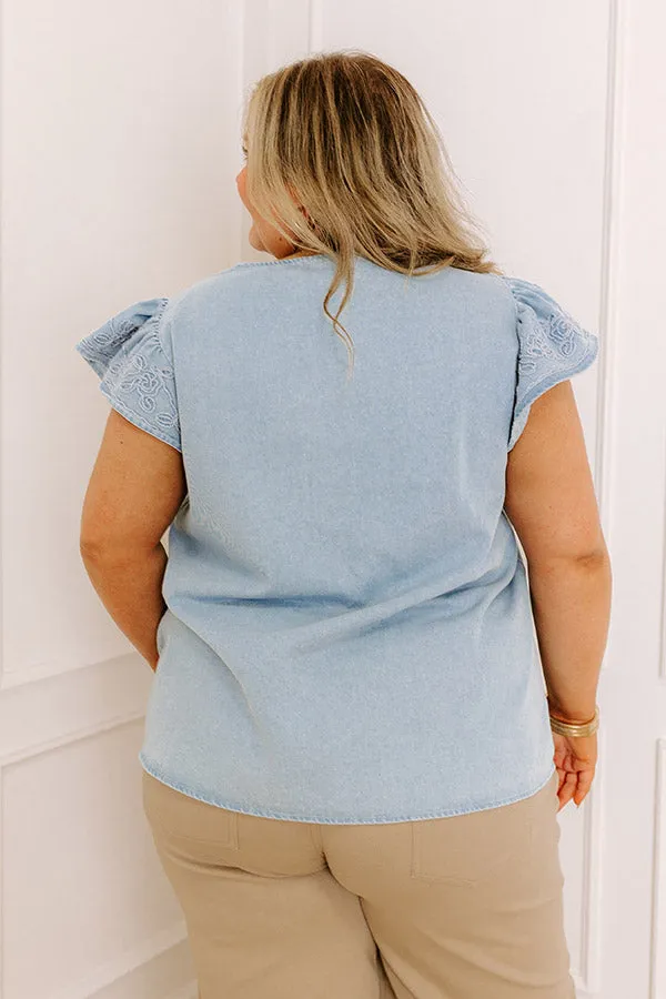 Farmers Market Cutie Embroidered Chambray Top in Light Wash Curves sold by Impressions product image thumbnail 5