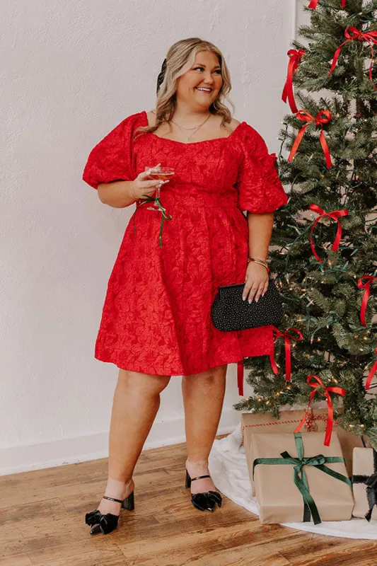 Holiday Happiness Jacquard Mini Dress in Red Curves sold by Impressions